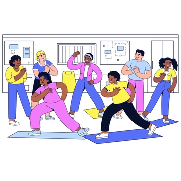 A lively fitness class taking place in a bright, spacious gym. The class features a group of diverse participants, all dressed in colorful workout attire. In the center, an instructor demonstrates Kegel exercises while standing on a yoga mat. Each participant is engaged, following the instructor's movements with a focus on their forms. The atmosphere is dynamic, with motivational posters on the walls, and exercise equipment neatly arranged in the background.
