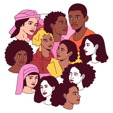 A collage featuring various faces representing diverse ethnic backgrounds is centered on a textured surface. Each face is distinct, showcasing unique features, skin tones, hair types, and expressions. There are individuals with straight, curly, and wavy hair, some adorned with traditional garments reflecting their cultures. The composition includes various angles and perspectives to emphasize diversity, with a harmonious blend of facial features that captures a sense of unity in variation. Each face is framed within its own space, creating a vibrant tapestry of humanity.