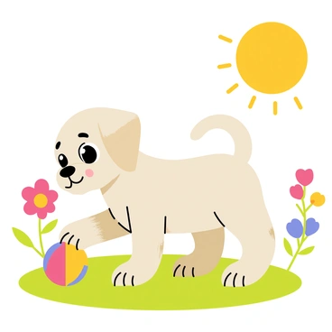 A cute puppy with fluffy fur and bright eyes is playing with a colorful ball in a sunny backyard. The puppy is in a playful stance, with its tail wagging. Surrounding the puppy, there are vibrant flowers in various colors, including red, yellow, and blue, adding to the cheerful atmosphere. The sun is shining brightly, casting warm light across the scene, and there is a green lawn beneath the puppy's paws.