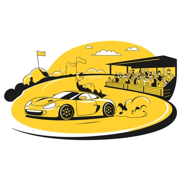 A sleek racecar with a streamlined body speeds down a winding racetrack. The car is illustrated in bold yellow and black, capturing the essence of high-speed racing. A trail of dust is kicked up behind the tires as the racecar takes a tight turn. In the background, cheering spectators wave flags and raise their arms in excitement, filling the grandstands with a sense of energy and competition. The scene captures the thrill of the race with blurred motion lines emphasizing the speed of the car.