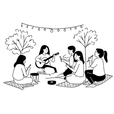 A group of musicians is gathered in an open area, performing with traditional instruments such as a guitar, a flute, and a hand drum. They are seated on woven mats, surrounded by lush greenery. In the background, there are trees strung with "twinkling fairy lights," casting a warm illumination over the scene. Each musician is focused on their instrument, showcasing intricate details of the instruments being played. The composition captures the lively atmosphere of a "kampung event," with joyful expressions on the faces of the musicians as they engage in their performance.