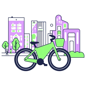 A sleek, modern bicycle is parked against a backdrop of angular buildings and urban structures. The bicycle features a lightweight frame with smooth lines and a glossy finish. In the background, there are multiple buildings with unique architectural designs, some with large glass windows and others with bold shapes. The scene includes elements of urban life, such as a sidewalk with small trees and people walking in the distance. The atmosphere conveys a bustling city environment, with various colors on the structures and the active scene.