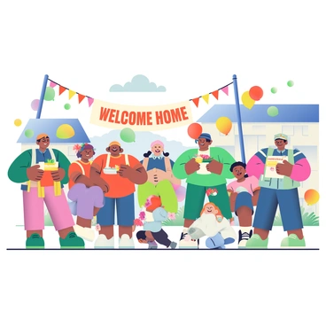Villagers with diverse skin tones are gathered in a town square celebrating alongside soldiers in military uniforms. The villagers are wearing bright, colorful clothing, with some holding flags and banners that display joyful messages. The soldiers are smiling and engaging with the villagers, shaking hands and sharing food. Balloons of various colors are floating in the air, and a large banner reading "Welcome Home" is strung across a nearby building. A few children are playing and laughing, adding to the festive atmosphere, while flowers adorn the square, giving a sense of renewal and hope.