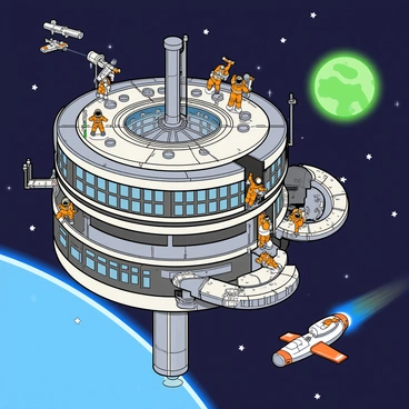 A large, bustling space station with multiple levels and circular structures, floating in the vastness of space. The space station has numerous windows and docking ports, with a bright blue and green distant planet visible in the background. Several astronauts in colorful space suits are moving around the exterior of the station, some are spacewalking while others are entering and exiting the docking ports. Various spacecrafts of different shapes and sizes are seen approaching and departing from the station. The scene is filled with vibrant colors and details, showcasing the activity and life in space.
