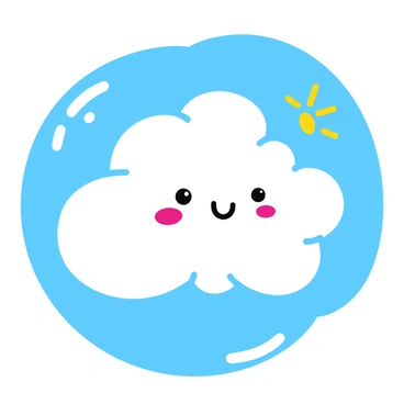A fluffy white cloud shaped like a smiling face floats in a bright blue sky. The cloud features two round eyes and a wide, cheerful smile. Sunlight streams down, illuminating the cloud, which stands out against the clear background. Soft, wispy edges of the cloud contrast with the vibrant blue of the sky, creating a cheerful and inviting atmosphere.