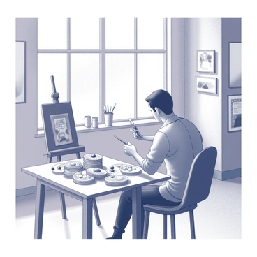 An artist is focused on a still life arrangement of crepes on a table. The crepes are neatly stacked and garnished with fruits and a drizzle of syrup. The artist is sitting at an easel, holding a brush in one hand and a palette in the other. The studio is filled with various art supplies including tubes of paint and brushes scattered around. A large window allows natural light to illuminate the scene, creating soft shadows across the floor. The walls are adorned with sketches and completed works, adding to the creative atmosphere of the space.