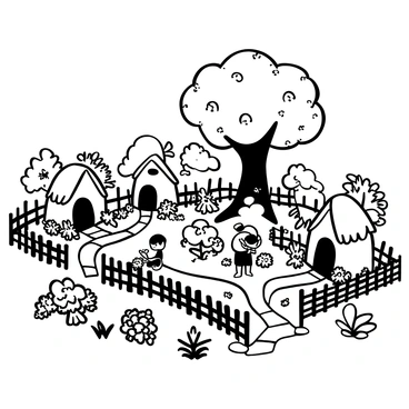 A scene depicting a quaint halfling village, featuring small, round homes with thatched roofs, nestled among lush greenery. Each home is surrounded by carefully tended gardens filled with various plants and flowers. There are wooden fences enclosing the gardens, and cobblestone paths winding through the village. In the foreground, a few halfling figures are seen tending to their gardens, watering plants and pruning bushes. A large, old tree stands in the center of the village, providing shade and character to the setting.