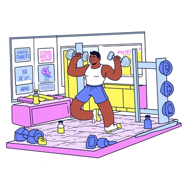 A retro-style gym with wooden floorboards and vintage exercise equipment. In the center is a muscular bodybuilder performing hammer curls with a pair of shiny dumbbells. The bodybuilder is wearing a classic sleeveless tank top and shorts. There are colorful posters of fitness slogans on the walls, and a large mirror reflects the scene. A few old-school weights and a water bottle are placed on the floor nearby.