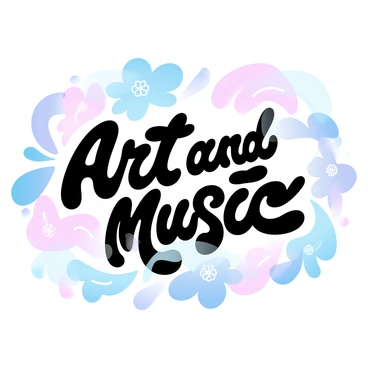 A large poster features a vibrant, abstract design that merges modern geometric shapes with swirling, colorful patterns reminiscent of vintage psychedelic art. The background consists of gradient pastel colors blending seamlessly into each other. In the center, bold, modern typography displays the words "Art and Music." Surrounding the text are intricate floral motifs and wavy lines that evoke a sense of movement. Various shapes with a glossy finish overlay the background, enhancing the visual appeal.