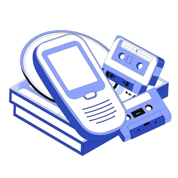 A flip phone is resting on a stack of CDs and cassette tapes from the 90s. The flip phone is closed, showcasing its compact design, with a textured exterior and a small display. The CDs are arranged in a slightly fanned position, featuring their reflective surfaces. The cassette tapes are stacked in groups, displaying their labels prominently. The background consists of an assortment of vibrant graphics and patterns typical of 90s media.
