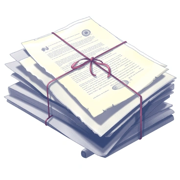 A stack of aged legal documents lies on a wooden surface. The papers are slightly yellowed, indicating their antiquity, and feature intricate handwritten text and ornate seal impressions. The documents are bundled together securely with "red ribbons" tied in a neat bow around them. Some of the edges are frayed, and the surfaces are slightly wrinkled, adding to their historical character.