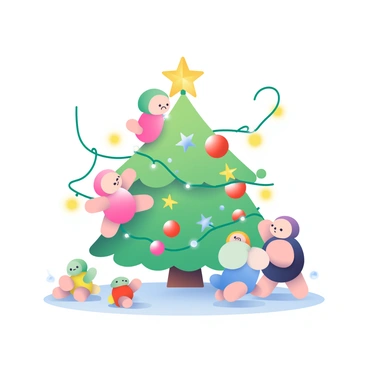 A group of small Pikmin in various colors is gathering around a small tree. The tree is adorned with colorful ornaments, including shiny red balls and glimmering silver stars. Some Pikmin are climbing the branches, while others are holding strands of twinkling lights in their tiny hands. To the side, one Pikmin is carefully placing a small golden star on top of the tree. The ground is covered with a light dusting of snow, and the atmosphere is filled with a festive spirit.