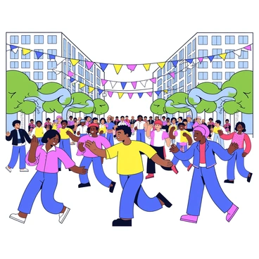 A city square bustling with people of various races dancing together in celebration. The square is surrounded by tall buildings with large windows reflecting the sunlight. Colorful banners and decorations are strung across the square, adding a festive feel. The crowd is diverse, with individuals wearing different traditional clothing and accessories that represent their cultures. Some people are clapping their hands, while others are holding hands and twirling in joyful movements. In the background, there are trees lining the square, providing a touch of greenery amidst the vibrant scene.