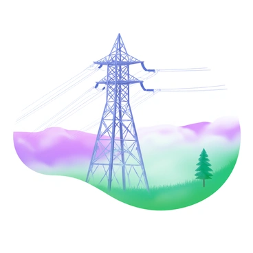 A modern pastel illustration of an old-fashioned electric tower rising prominently in the center of the image. The tower is made of weathered metal, featuring intricate lattice work and power lines extending outward. Surrounding the tower is a blanket of soft, swirling fog that obscures the grassy countryside, creating a mystical atmosphere. In the background, faint silhouettes of rolling hills are visible, adding depth to the scene. A few sparse trees are scattered around the base of the tower, their outlines softened by the fog.