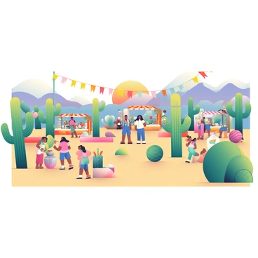 A vibrant festival is taking place in a vast desert landscape. In the foreground, various colorful cacti, including tall saguaro and round barrel cacti, are scattered across the sandy ground. Brightly colored banners and streamers are hanging between the cacti, fluttering in the warm breeze. People dressed in festive clothing are mingling, some holding cups filled with colorful drinks. Stalls adorned with vibrant fabrics are set up, selling artisanal crafts and food. In the background, the sun is setting, casting a warm glow over the scene, while distant mountains provide a stunning backdrop to the festival.