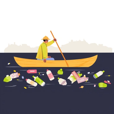 A traditional boatman wearing a straw hat is navigating his wooden boat through dark, murky waters. The water is filled with various pieces of modern trash, including plastic bottles, bags, and discarded electronics. Litter floats around the boat, contrasting with the boatman's traditional attire. In the background, there are vague silhouettes of land obscured by smog, emphasizing the polluted environment. The boatman is focused on his task, using a long wooden paddle to steer through the debris.