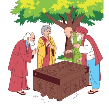 A group of four elders is gathered in a village square under a large, vibrant tree. They are all wearing traditional clothing, which features intricate patterns. One elder, a woman with gray hair, is standing at the center, holding a golden key in her right hand, while gazing thoughtfully at a large, ornate, dark wood box placed on a pedestal before them. The box has intricate carvings depicting village symbols and is sealed tightly. The other three elders, two men and another woman, are leaning in closely, with expressions of curiosity and respect. One elder has a white beard and is pointing toward the box, while the other two are observing intently, their hands clasped together. The atmosphere is filled with an air of mystery and anticipation as they examine the locked box with great reverence.