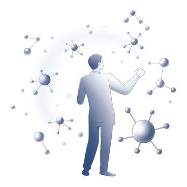 A central figure stands in the midst of a dynamic scene. Surrounding this figure are various representations of atoms and molecules. The atoms are depicted as small spheres, while the molecules are shown as clusters of spheres connected by lines. The arrangement creates a swirling effect, illustrating movement and energy. The background is filled with a sense of motion, emphasizing the interactions among the different elements. The figure appears engaged with the surrounding atoms and molecules, suggesting a connection between the individual and the microscopic world.