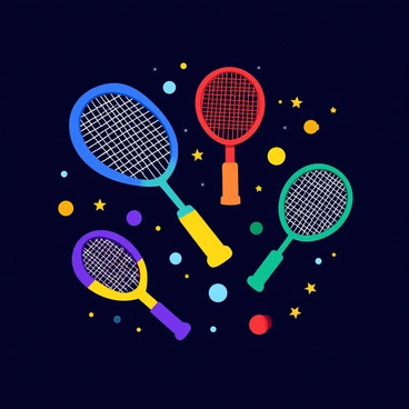 A display of various colorful badminton rackets floating in space