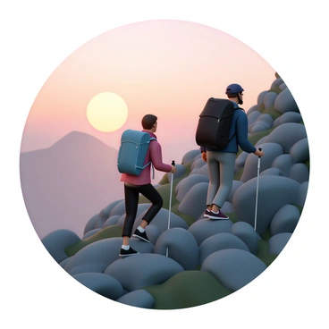 Two climbers, a man and a woman, are ascending a steep mountain trail. The man is wearing a dark blue jacket, gray pants, and a black backpack, while the woman is dressed in a red jacket, black leggings, and has a blue backpack. They both have helmets on and are using climbing poles. The sun is setting in the background, casting a warm orange and pink hue across the sky, creating a silhouette effect as they make their way up the rocky path. The mountain is rugged, with boulders and patches of green vegetation visible along the trail.