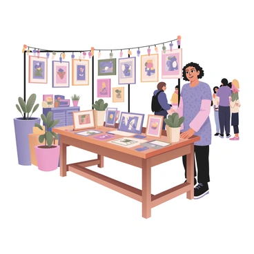 A digital flat illustration depicting an illustrator's booth at a local art market. The booth features a wooden table covered with various colorful prints hanging on a string above. There are framed prints propped up on the table, showcasing vibrant artwork. The backdrop is adorned with decorative bunting and potted plants, creating a welcoming atmosphere. A cheerful illustrator with short curly hair and wearing a patterned shirt is standing behind the table, engaging with visitors. There are a few art supplies scattered across the table, including markers and sketchbooks. In the background, other market stalls with people browsing can be seen.