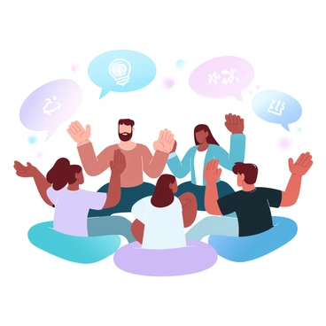 A group of five diverse individuals is sitting in a circle on bright, colorful cushions. Each person has a different hairstyle and clothing style, representing a variety of cultures. The individuals are animatedly gesturing with their hands, showcasing their enthusiasm. Above their heads are multiple speech bubbles, each containing various symbols like light bulbs, arrows, and exclamation marks, indicating the exchange of ideas. The background features soft gradient pastel colors, adding a lively ambiance to the scene.