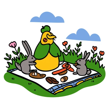 A kakapo with green and yellow feathers is sitting on a picnic blanket in a sunny meadow. Next to the kakapo, there is a fluffy gray rabbit with long ears nibbling on a carrot. A small gray squirrel with a bushy tail is holding an acorn, looking curiously at the food spread on the blanket. The scene is filled with colorful flowers and soft grass under a clear blue sky, creating a cheerful atmosphere for their picnic.