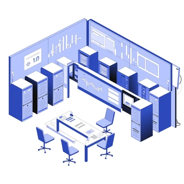 A high-tech room is filled with numerous computers and servers. The computers feature multiple monitors displaying code and transaction data. The servers are housed in sleek, metallic racks, with blinking lights indicating activity. Cables are neatly organized, running along the walls and ceilings. In the center of the room, a large digital screen shows a live cryptocurrency market ticker with fluctuating values. There are ergonomic chairs positioned around a glass table with technical manuals and notes scattered on it. The overall atmosphere conveys a sense of advanced technology and digital finance operations.