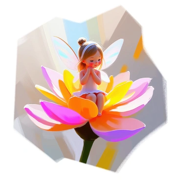 A tiny fairy with delicate, iridescent wings sits gracefully on a vibrant blossom. The fairy has a gentle smile and long, flowing hair that catches the light. Surrounding her are colorful petals in various shades of pink, yellow, and purple, creating a lush and vivid environment. The petals are softly overlapping, providing a rich backdrop for the fairy. Sunlight filters through the petals, casting playful shadows and highlighting the intricate details of the fairy’s attire.
