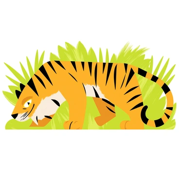 A tiger with striking orange fur and bold black stripes is poised to pounce. Its powerful muscles are taut, showcasing strength and readiness. The tiger's intense yellow eyes are locked onto its prey, reflecting focus and determination. The background features a lush green jungle setting with dense foliage, enhancing the atmosphere of the tiger's stealthy approach.