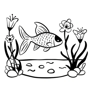 A fish with butterfly-like fins swimming gracefully through a crystal-clear stream. The stream is surrounded by various wildflowers with intricate details of their petals and leaves. The composition highlights the movement of the fish and the surrounding flora, creating an engaging scene filled with natural beauty.