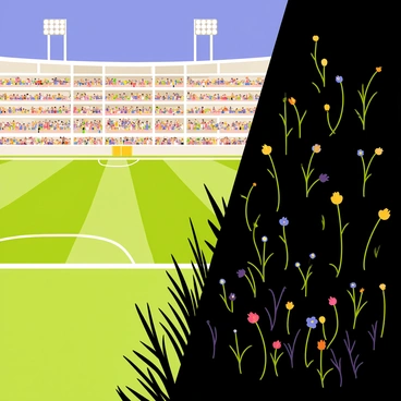A bright stadium with colorful lights illuminating the stands, filled with cheering spectators. In contrast, next to the stadium is a pitch-black field, dense with lush green grass and vibrant wildflowers thriving in the darkness. The scene captures the stark difference between the bustling energy of the stadium and the serene beauty of nature, with shadows of trees and plants visible in the deep black area, showcasing their resilience.