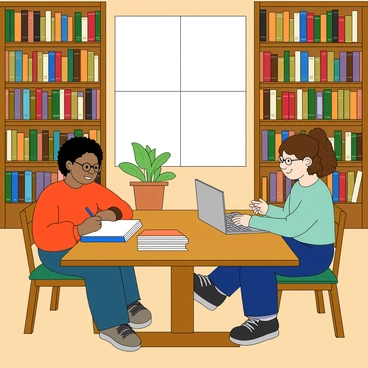 Two friends are sitting at a large wooden table in a quiet library. One friend has short black hair and is wearing glasses, while the other friend has curly brown hair tied back. They are surrounded by tall bookshelves filled with colorful books. The friend with glasses is writing notes in a blue notebook, and the other friend is using a silver laptop. A small stack of books sits on the table next to them, and there is a single green plant in a pot nearby. Light from a window illuminates the scene, creating a warm atmosphere.