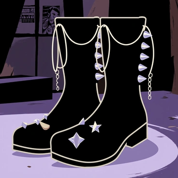 Black leather boots adorned with shiny silver spikes on the sides. The boots feature chains hanging loosely, adding a rugged detail to their design. In the background, a grungy stage setting is visible, with dim lighting casting shadows. The floor is scattered with debris, and faded posters are peeling off the walls, enhancing the edgy atmosphere of the scene.