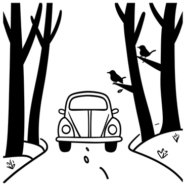 A classic VW Beetle driving along a narrow, winding path surrounded by tall trees. The trees create a natural canopy overhead, with branches arching gracefully to form a tunnel-like effect. The ground is covered with fallen leaves and small twigs, indicating the season. The Beetle is depicted with its signature rounded shape and distinctive headlights. A few birds are perched on the tree branches, and a small squirrel can be seen climbing a nearby trunk. The scene conveys a sense of tranquility and adventure in nature.