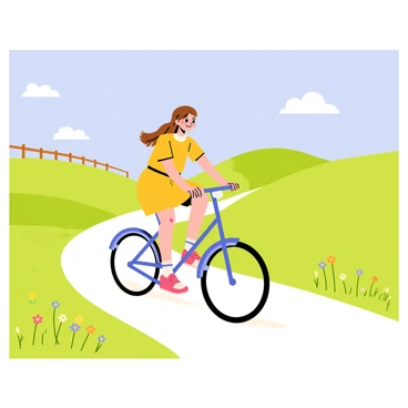 A girl with long brown hair wears a bright yellow dress as she rides a blue bicycle along a winding country road. Lush green fields line the sides of the road, dotted with wildflowers in various colors. A clear blue sky stretches overhead, with fluffy white clouds scattered throughout. In the distance, a small wooden fence can be seen, framing the picturesque landscape. The girl smiles joyfully, enjoying the freedom of her ride on this sunny day.