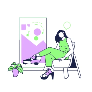 A model is sitting on a modern chair in a minimalist room. The model has long hair and is wearing a fashionable outfit that highlights their figure. They are positioned in a striking editorial pose, with one leg crossed over the other and an arm resting casually on the chair's armrest. The chair is sleek and has clean lines, complementing the simple aesthetic of the room. The walls of the room are bare, emphasizing the minimalism. A small plant is placed on the floor beside the chair, adding a touch of greenery to the scene.