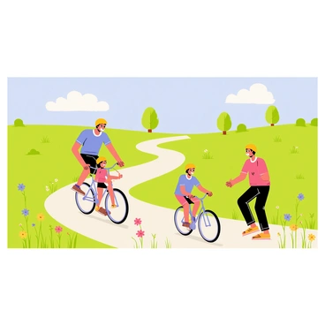 A family consisting of four members, two adults and two children, is riding bicycles on a winding path. The adults are wearing bright helmets and colorful jerseys. The children, a boy and a girl, have matching yellow helmets and are riding side by side. Lush green fields stretch out on either side of the path, dotted with wildflowers of various colors, including red, yellow, and purple. In the background, a clear blue sky is visible, along with fluffy white clouds. A few trees provide shade along the biking route. The scene captures a joyful moment of family bonding amidst nature.