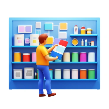 A homeowner standing in a hardware store, holding multiple paint swatches in their hands. The homeowner is examining a few of the swatches against a wall, comparing colors. The wall features a variety of paint samples in different shades. The store is filled with shelves displaying various paint cans and hardware tools. The homeowner appears focused and engaged in the color selection process.
