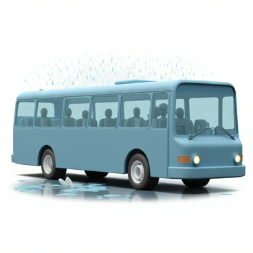 A blue bus, with a shiny exterior reflecting the light of the street lamps, is parked on a rainy street. Large droplets of rain are falling against the windows, creating a blurred effect. Inside the bus, several passengers are seated, each leaning slightly forward, looking out at the raindrops as they trickle down the glass. The street is glistening with wet pavement, and faint outlines of trees can be seen in the background, shrouded in the misty rain. A few raindrops are splashing on the ground near the bus, enhancing the atmosphere of a rainy day.