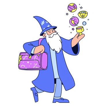A character resembling "Merlin" with a long white beard and a pointed blue hat. He is wearing a flowing blue robe adorned with stars and moons. In his hand, he holds a magical satchel that appears large and slightly worn. The satchel has intricate patterns and emits a faint glow. "Merlin" is pulling out an endless array of colorful items, such as a golden chalice, a sparkling crystal ball, and a small scroll. Each item is suspended in the air as they emerge from the satchel, creating a whimsical scene.