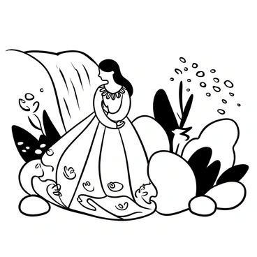 A bride in a flowing lehenga stands gracefully near a cascading waterfall. The lehenga features intricate embroidery and patterns that flow elegantly with her movements. Water splashes around as it cascades down the rocks, creating a dynamic contrast with her attire. Surrounding the waterfall are lush greenery and smooth stones, enhancing the natural beauty of the scene. The bride's long hair is styled beautifully, blending with the environment. A sense of tranquility permeates the scene as droplets glisten in the air.