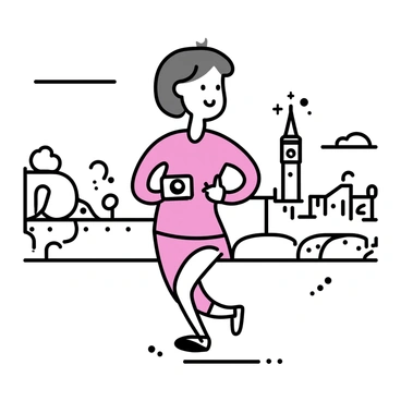 A person wearing a bright red running outfit, with a pair of athletic shoes, is running through a city. The runner has short brown hair and is holding a camera in one hand, capturing the surroundings. In the background, there are iconic city landmarks such as a tall clock tower and a historic stone bridge. A few scattered trees line the path, and the sky above is clear with a few clouds.