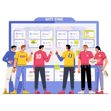 A group of excited football fans standing in front of a stadium kiosk. Each fan is wearing colorful team jerseys, displaying vibrant logos and numbers. The fans are animatedly discussing and pointing at the betting options displayed on the kiosk screen. Some fans are holding slips of paper with their bets written down, while others are animatedly gesturing with their hands. The kiosk has a clear glass front showcasing various betting options and promotions. The background features a packed stadium with cheering crowds and flags waving in support of their teams.