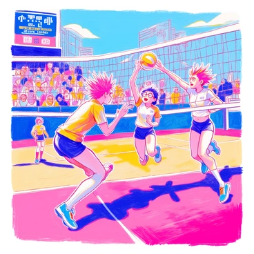 A dynamic scene featuring characters from a volleyball manga. The characters are captured in action poses, leaping and diving for a volleyball on a brightly colored court. One character has spiky hair and is wearing a team's jersey, while another has glasses and is shouting encouragement. A third character is mid-jump, extending their arms to spike the ball. The background includes a cheering crowd and a scoreboard displaying the game score. The characters exhibit expressions of determination and excitement.
