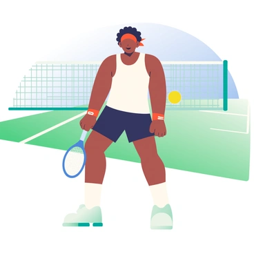 A player with dark skin and short, curly hair is in a ready stance on a tennis court, preparing to receive a serve. The player is wearing a bright white tank top and dark shorts, with a red headband and matching wristbands. The tennis racket is held in both hands, positioned in front of their body, and their knees are slightly bent for balance. Behind the player, there are green court lines and a net stretching across the background, while the sky is clear and blue.