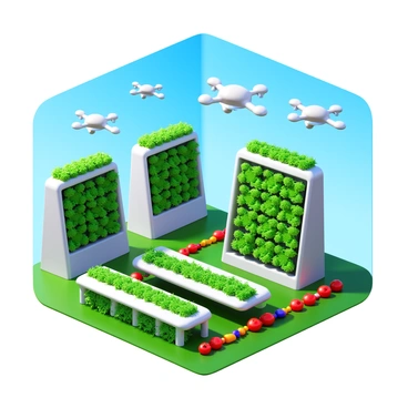 A futuristic eco-farm featuring multiple vertical gardens filled with vibrant green plants. The vertical gardens are constructed from sleek, modern materials and arranged in an organized manner. Drones are seen in the sky, transporting freshly harvested produce, showcasing advanced technology. The farm is set against a clear blue sky, emphasizing the connection between nature and innovation. There are pathways throughout the farm, lined with colorful fruits and vegetables ready for harvest.