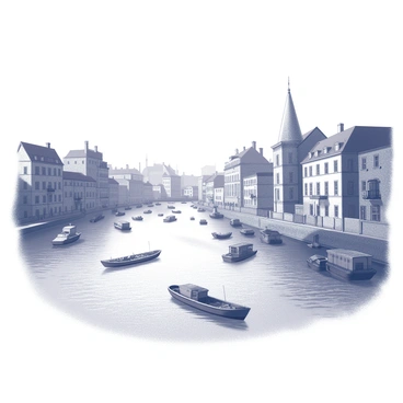 The Ankh River flowing sluggishly through Ankh-Morpork, lined with boats and barges