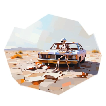 A desolate wasteland stretches out under a pale sky, featuring cracked, dry earth and scattered patches of sparse vegetation. In the foreground, a lone skeleton is slumped against a rusted car, its metal frame corroded and covered in patches of rust and peeling paint. The skeleton's bony hands rest on its knees, and its empty eye sockets seem to gaze into the distance. Surrounding the scene are remnants of an abandoned landscape, including scattered debris and the remnants of a forgotten civilization. The atmosphere is silent, capturing the stark loneliness of the setting.