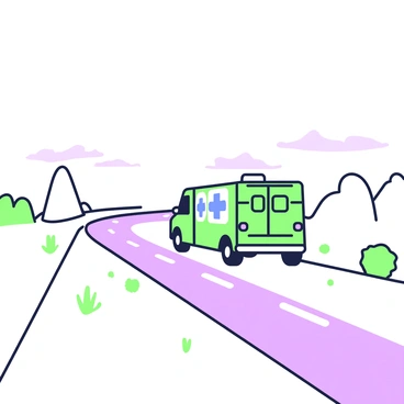 A medical transport van is driving down a long, empty highway. The van is equipped with blue and white markings that indicate its purpose. On either side of the highway, there are stretches of barren land, featuring sparse vegetation and some rocky outcrops in the distance. The sky is clear, allowing sunlight to illuminate the scene. In the background, faint mountains can be seen, adding depth to the desolate landscape. The perspective captures the emptiness of the surroundings, emphasizing the isolation of the highway.